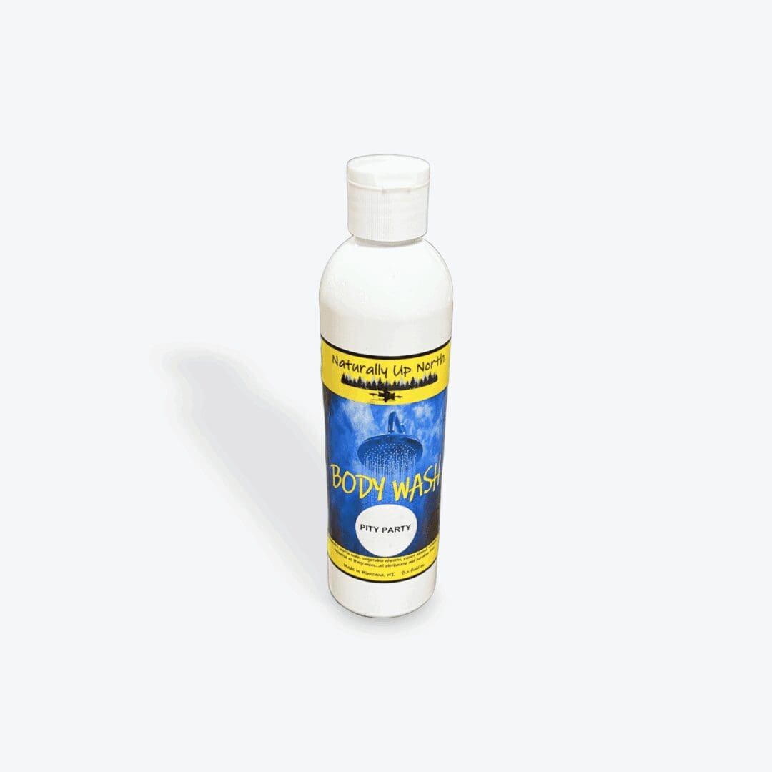 White body wash bottle with blue label